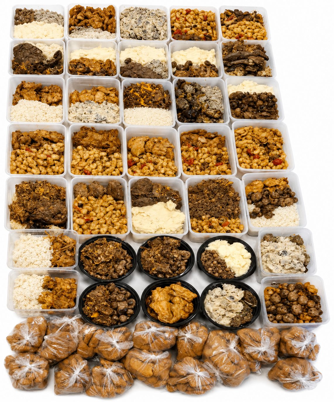 Des dizaines de barquettes-repas et sachets de pains alignés, prêts à être distribués